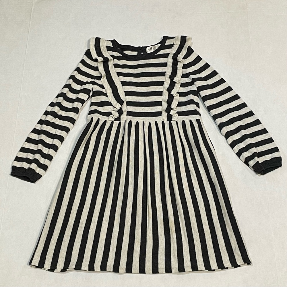 H&M Dark Gray Stripe Knit Long Sleeve Sweater Dress, Girls Sz 4-6Y